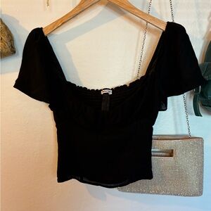 Reformation Sweetheart Neckline Black Flutter Sleeve Top